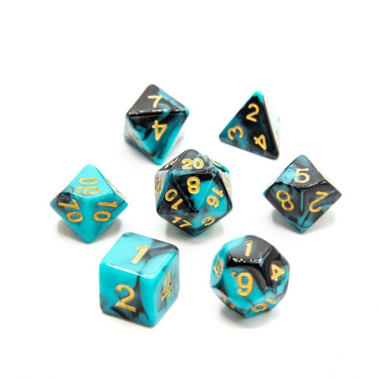 TTD Black & Blue Gold Numbers Acrylic Dice 7 Piece Set