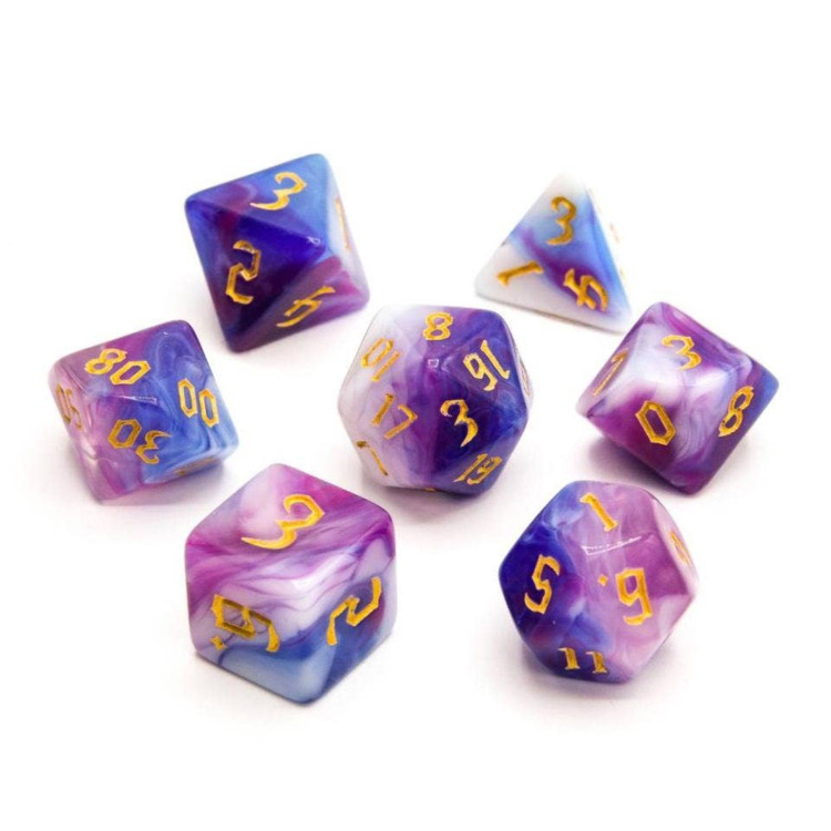 TTD Aetherwave Swirling Pink & Purple Gold Numbers Acrylic Dice 7 Piece Set