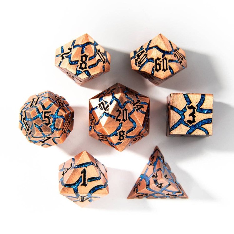 TTD Artificer Cracked Metal Antique Copper & Blue Mica Metal Dice 7 Piece Set