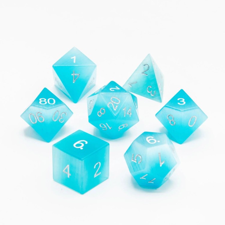 TTD Pale Blue Cats Eye Natural Gemstone Dice 7 Piece Set